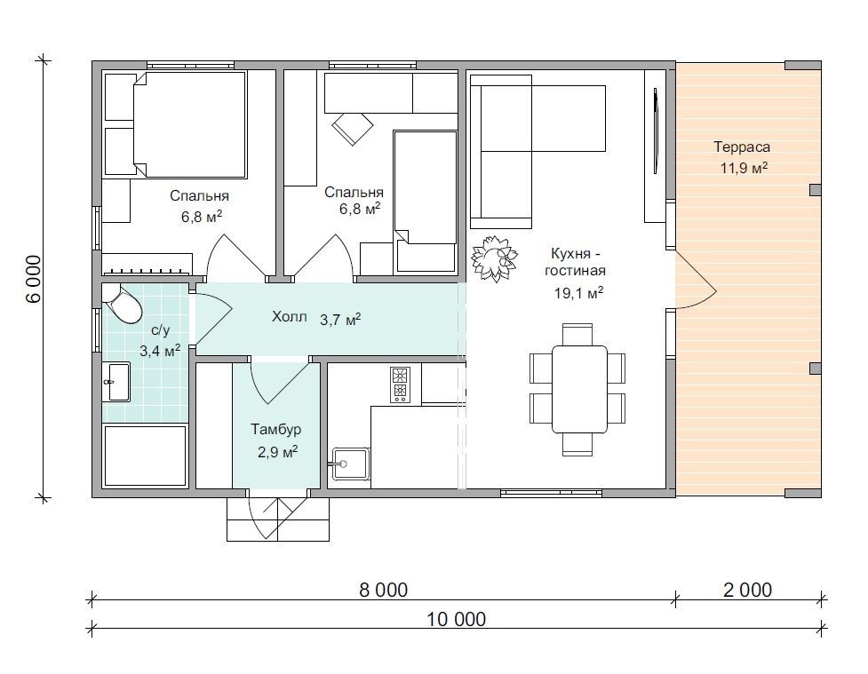 План дома одноэтажного с 2 спальнями гостиной и кухней 80 квадратов