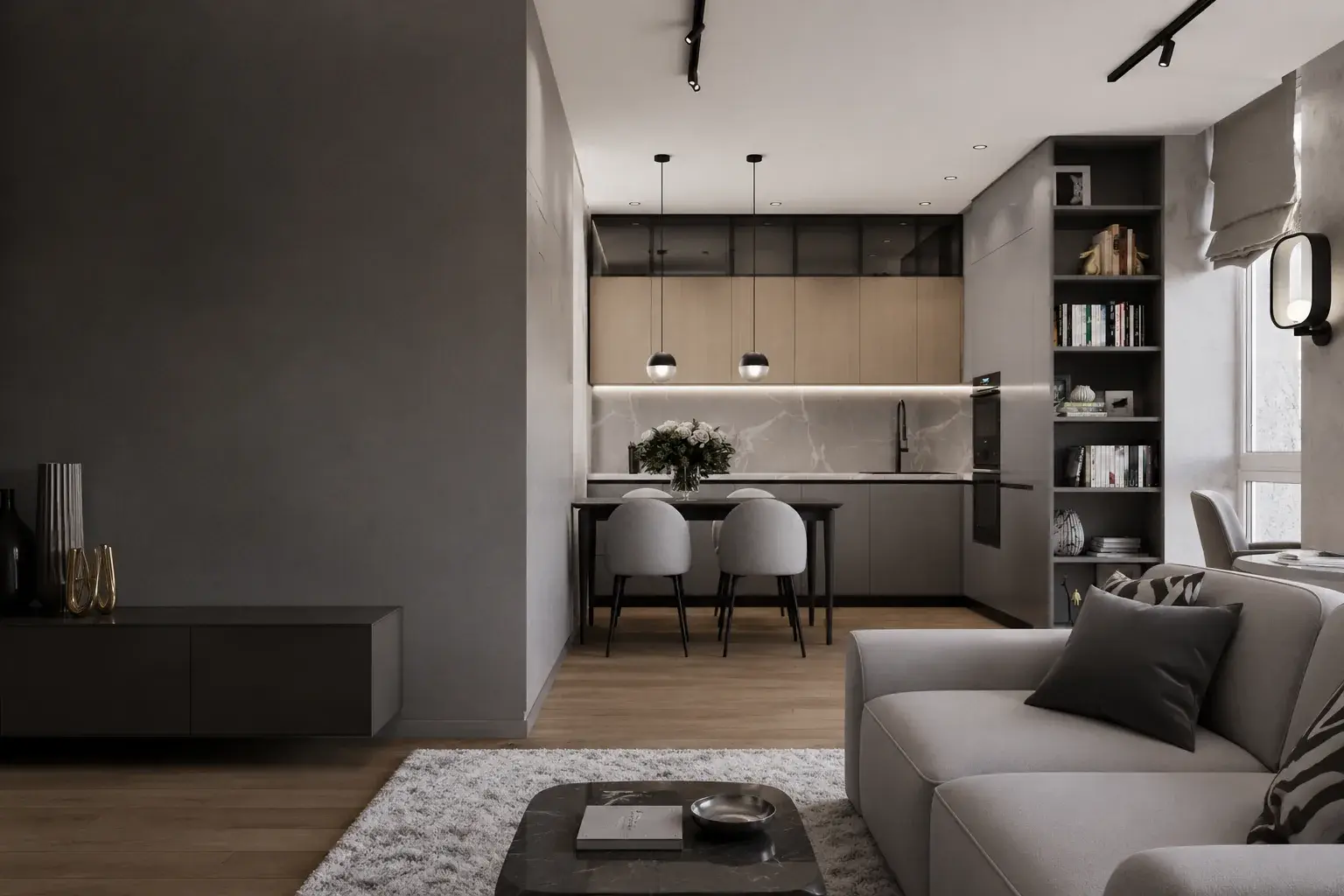 Современная кухня-гостиная в дизайн-проекте квартиры 40 м² в ЖК «Выше» в Туле от студии STRUKTURA