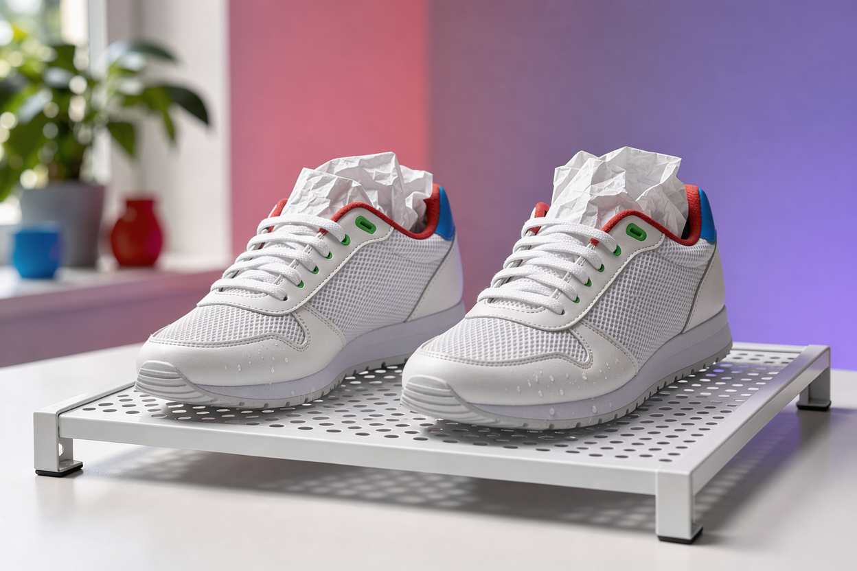 pair of clean sneakers drying on a ventilated rack indoors with crumpled paper inside to keep the shape, natural light coming from the window