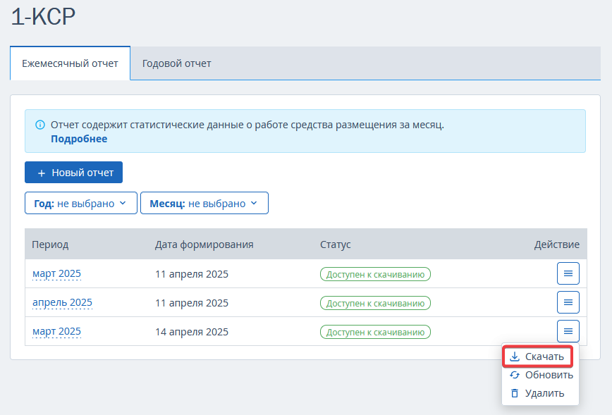 Отчет «1-КСР» в личном кабинете TravelLine
