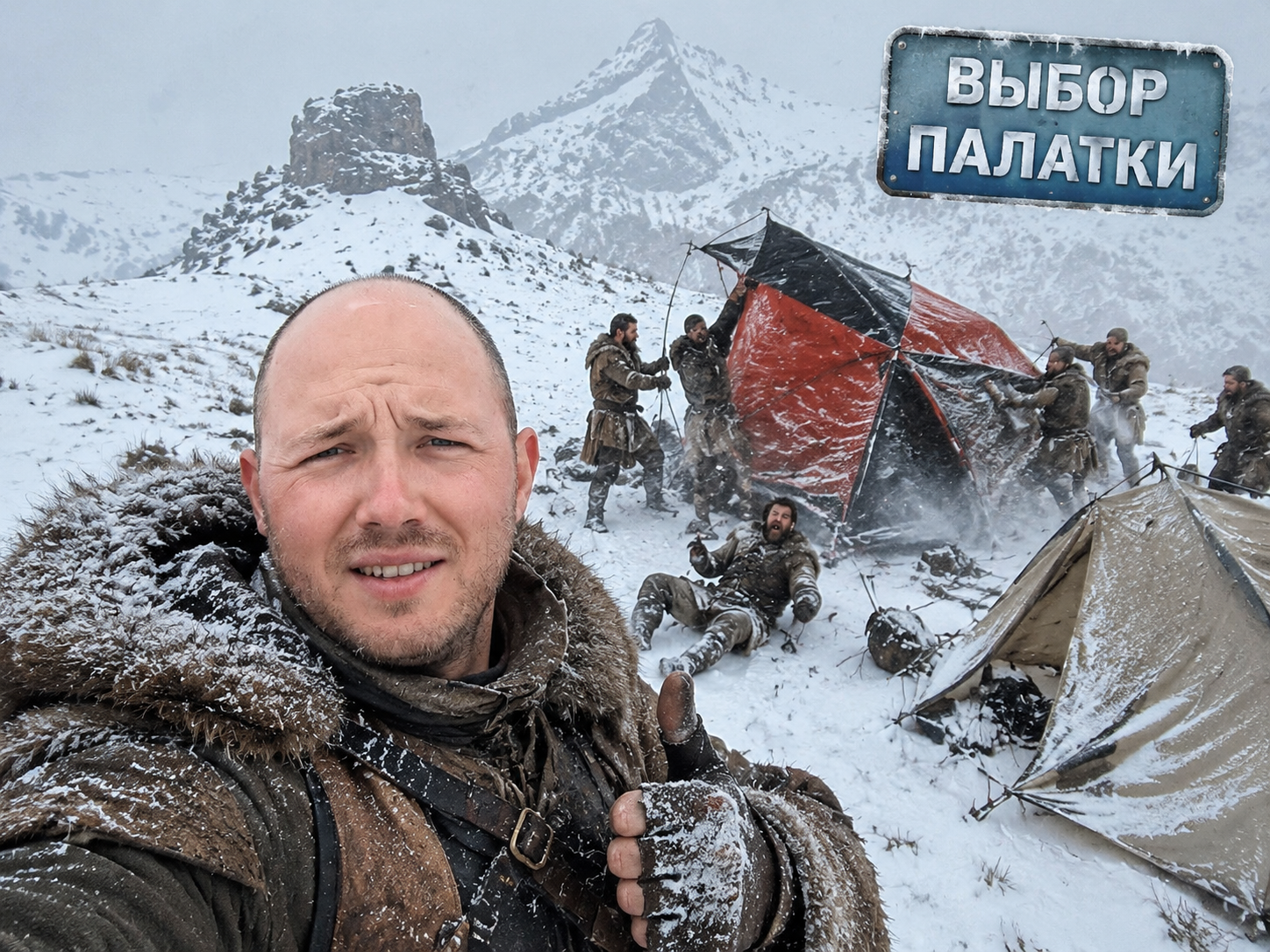 Двухслойная зимняя палатка в горах под снегом