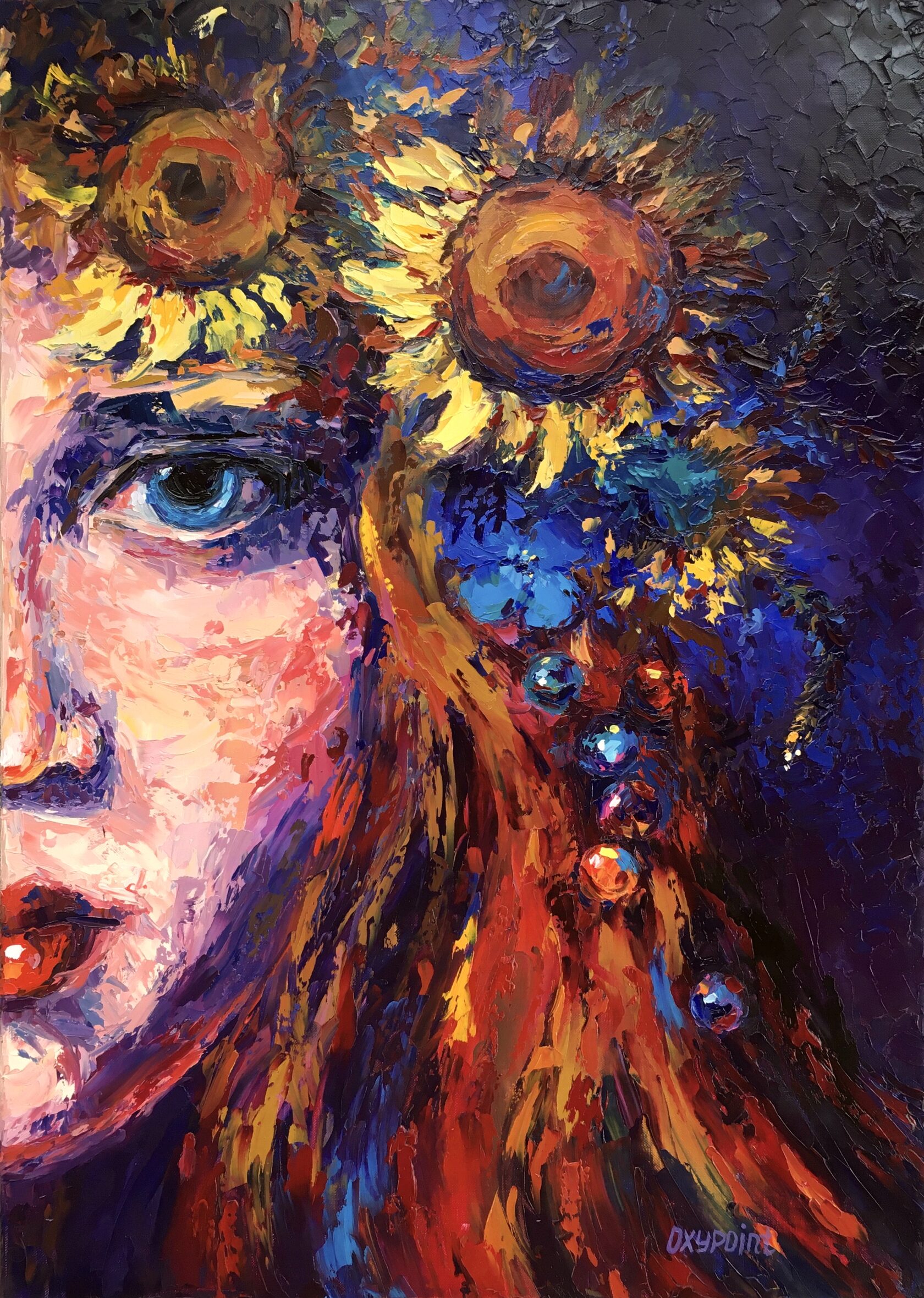 Girl with a wreath of sunflowers oil painting