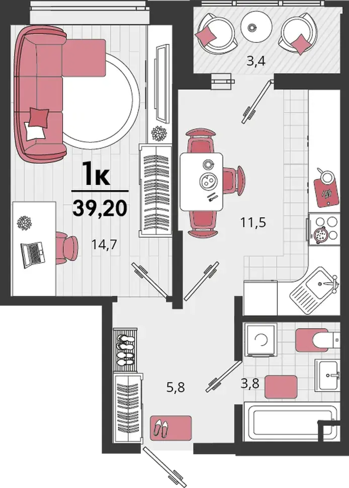 Планировка ЖК Родные просторы — 1-комнатные: вариант 6