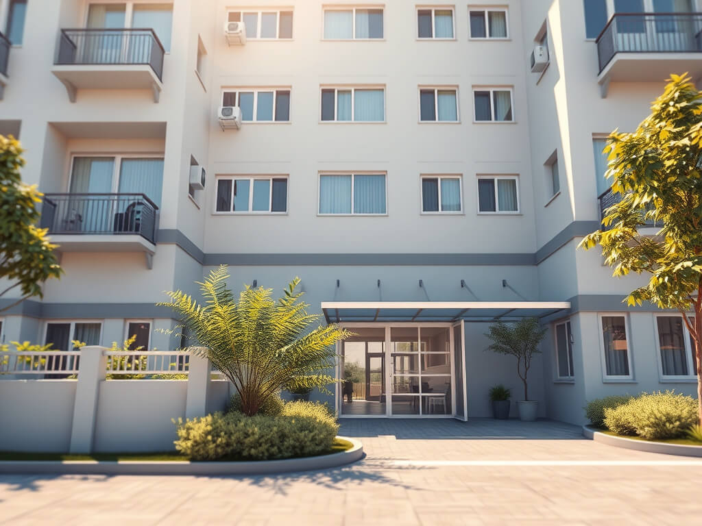 Изображение передаёт атмосферу безопасности и уверенности: на переднем плане — современное жилое здание с ухоженной территорией, видеонаблюдением и закрытым входом; фасад — чистый, светлый, с отражением солнца в окнах. В кадре царит спокойствие и порядок,