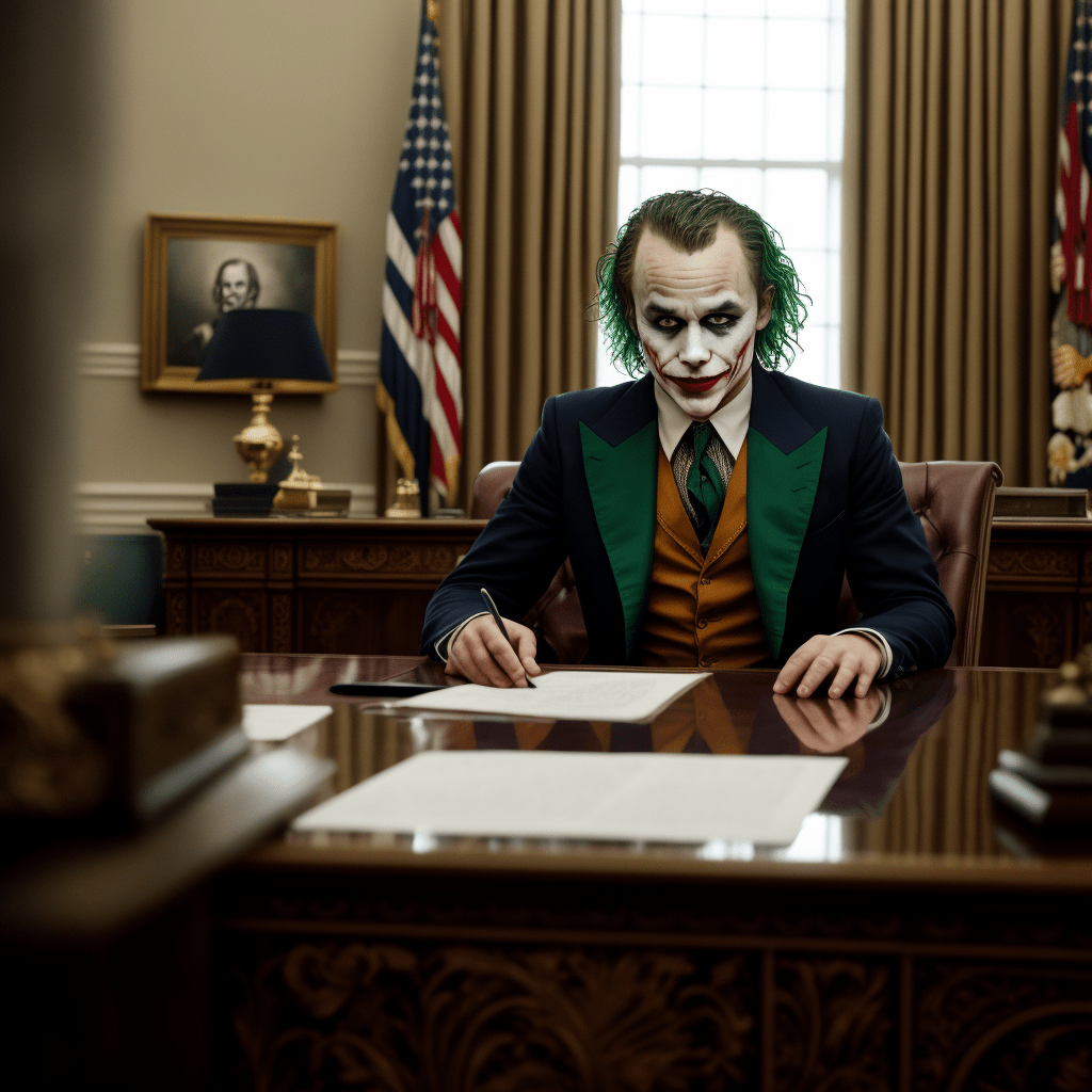 heath ledger as the joker sitting in the Oval Office, masterpiece dramatic photograph, intricate detail, high res 8k, bokeh, intense thrilling lighting --neg bad proportions, extra body parts