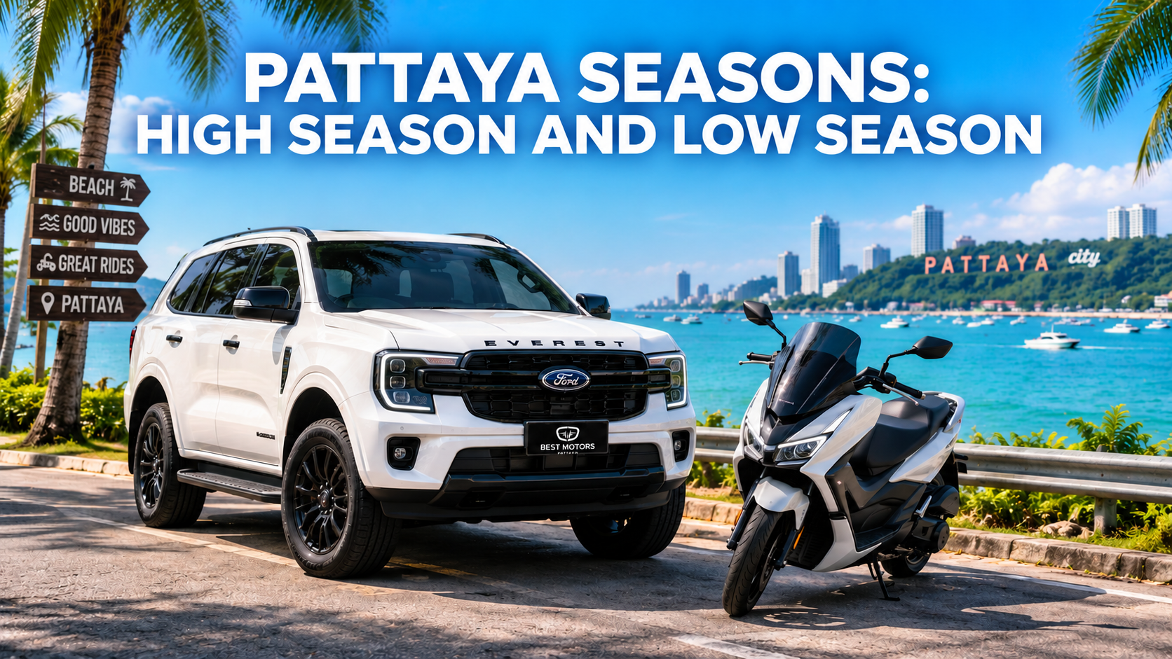 Tourist seasons in Pattaya: A modern white Next-Gen Ford Everest SUV and a sleek scooter from the Best Motors fleet parked on a scenic coastal road under a sunny sky