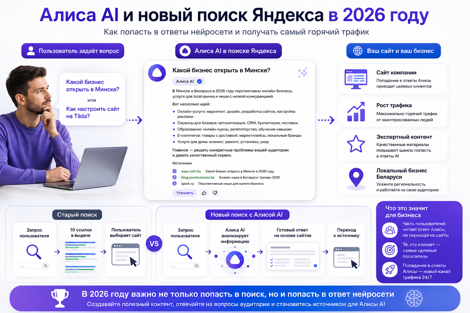 Схема работы нового поиска Яндекса с Алисой AI в 2026 году
