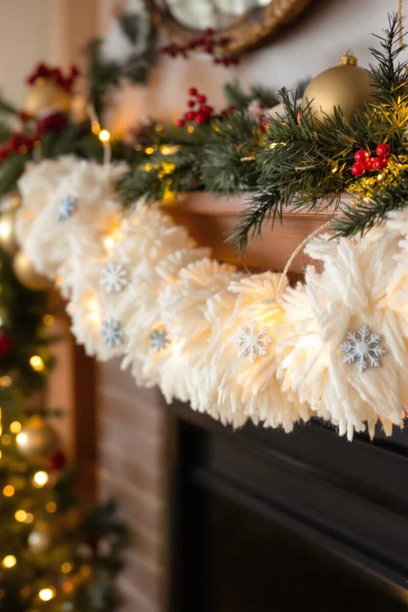 очень пушистая шерстяная гирлянда с вкраплениями миниатюрных войлочных снежинок 1