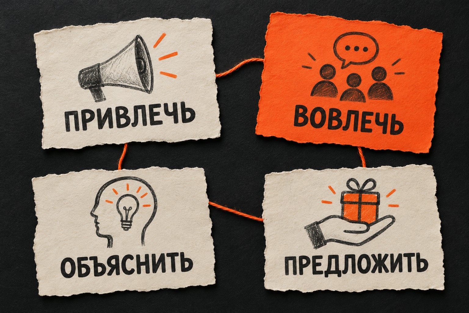 Четыре бумажные карточки с задачами контента: привлечь, вовлечь, объяснить и предложить; карточки равноправны и не выстроены в лестницу.
