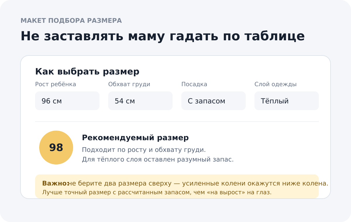 Макет помощника подбора размера для детского комбинезона