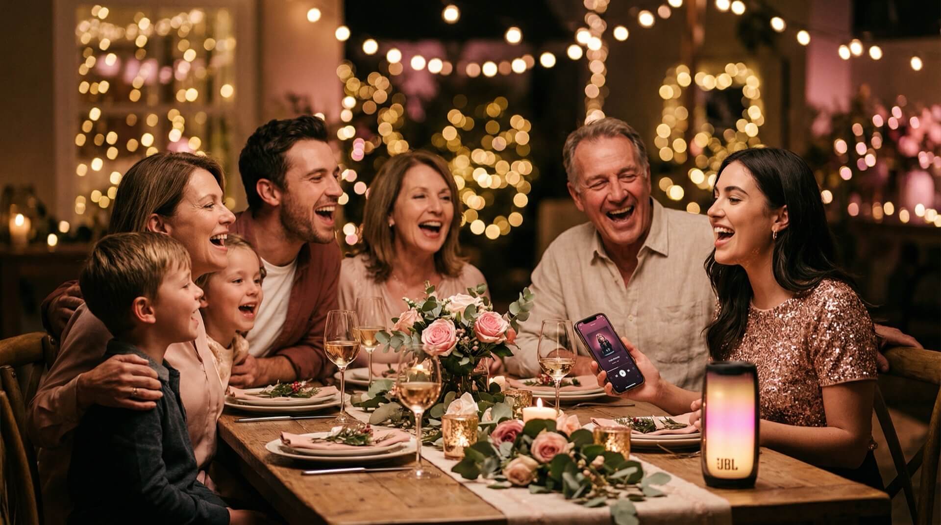 Семья слушает персональную песню на юбилей за праздничным столом