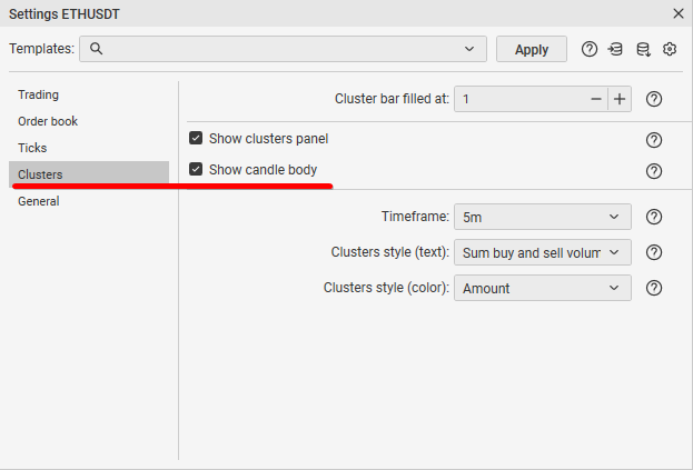 CScalp settings to enable/disable the candle body display