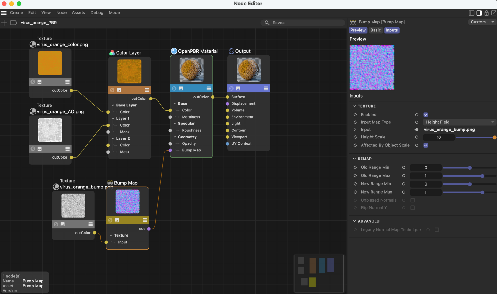 схема нод материала OpenPBR для 3D-модели вируса — Color Layer с AO, Bump Map в режиме Height Field