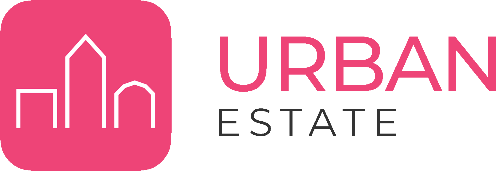 Логотип компании URBAN Estate - розовые буквы с прямоугольниками, имитирующими здания