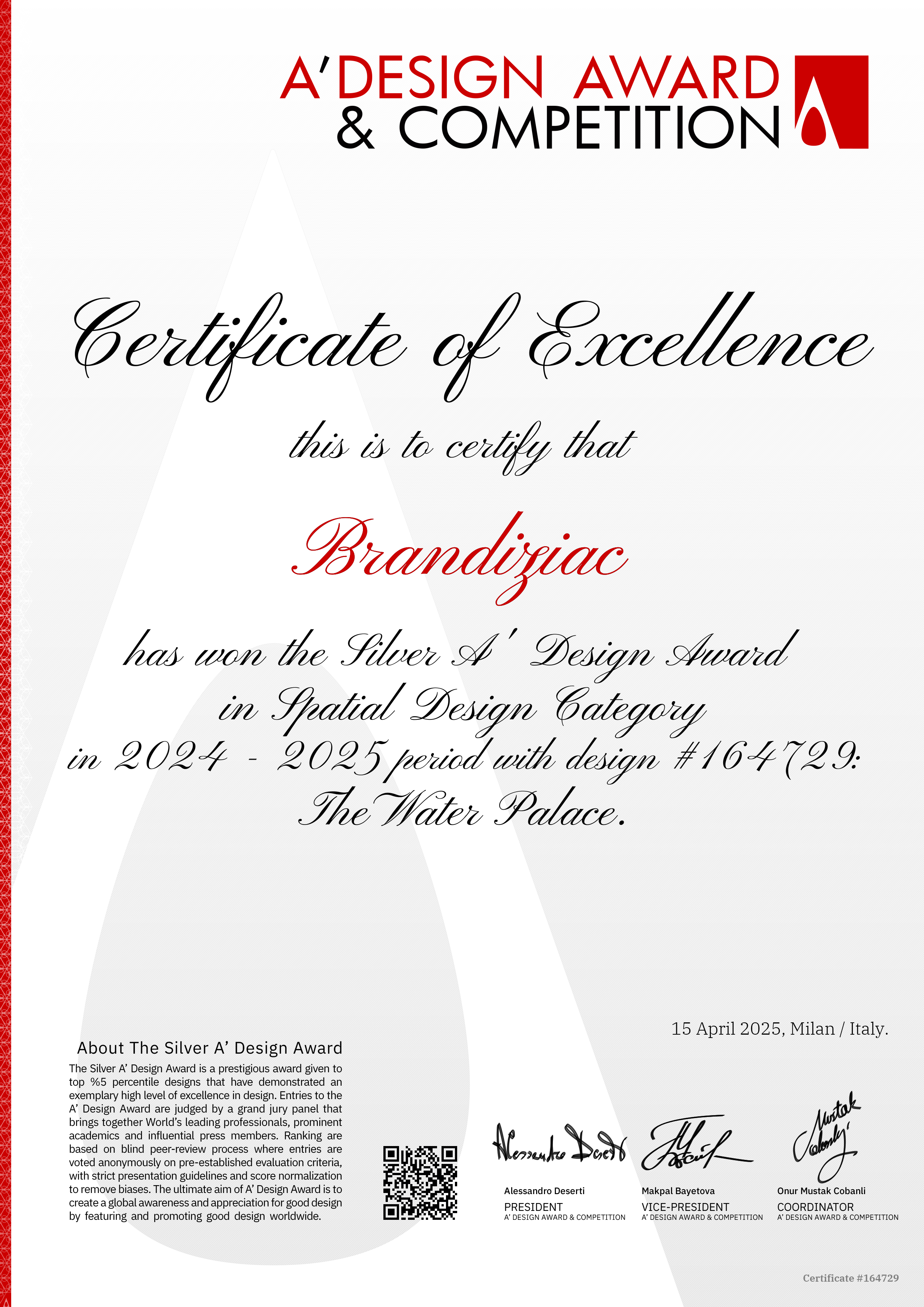 Диплом Silver A’ Design Award 2025 проекта Дворца водных видов спорта