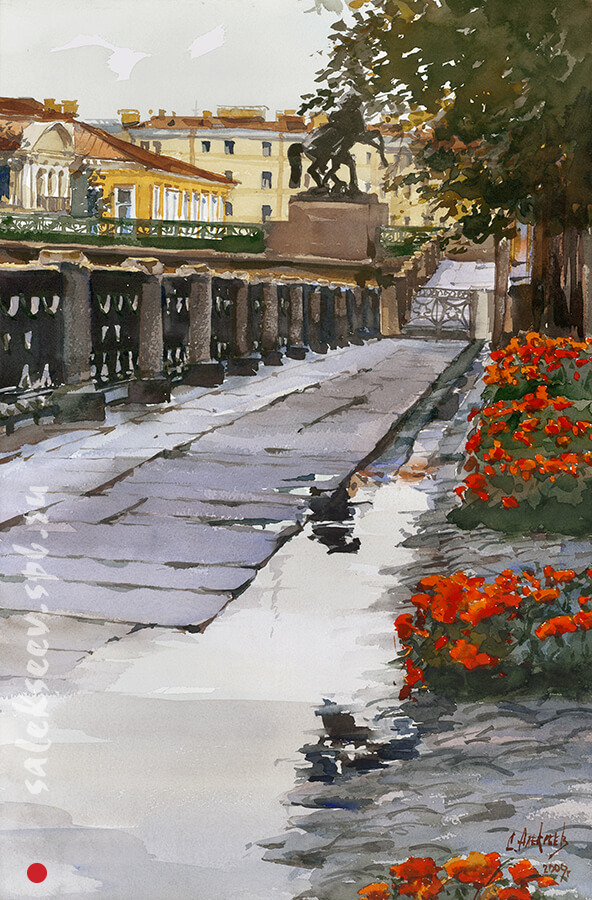At the Anichkov Bridge. 2009. Watercolor on paper, 56x36 cm