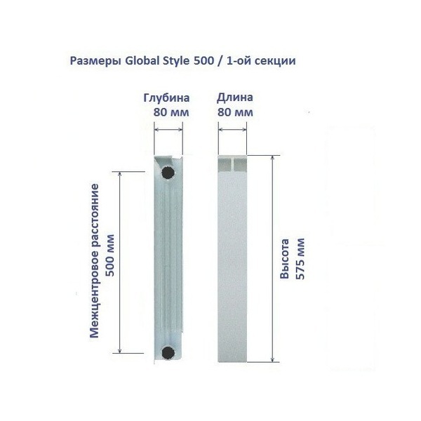 Ширина секции. Габариты радиатор Глобал Биметалл. Ширина секции батареи Global Style. Style Plus 500 чертеж. Размер секции алюминиевого радиатора Global 500.