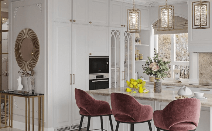 Кухня с элегантной фрезеровкой на фасадах со стеклом