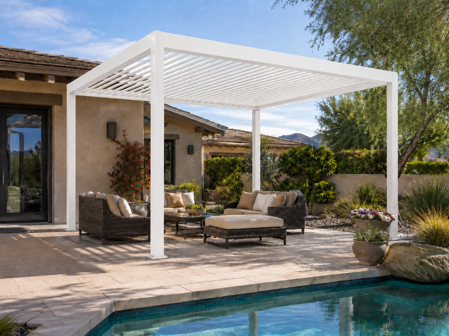 luxury black louvered pergola for poolside living in Costa Mesa backyard