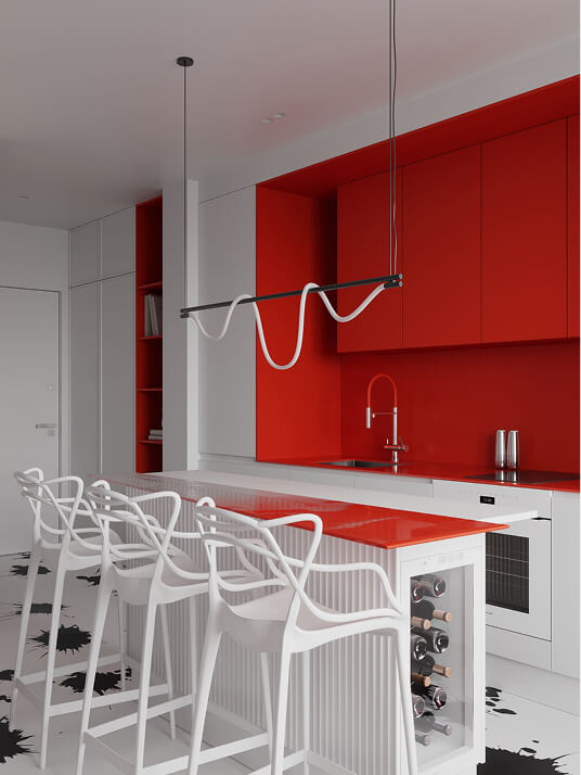 Дизайн интерьера в белых и красных тонах, с рисунком чёрных пятен на полу. Кухня, барная стойка, белые барные стулья, красно-белая мебель для кухни