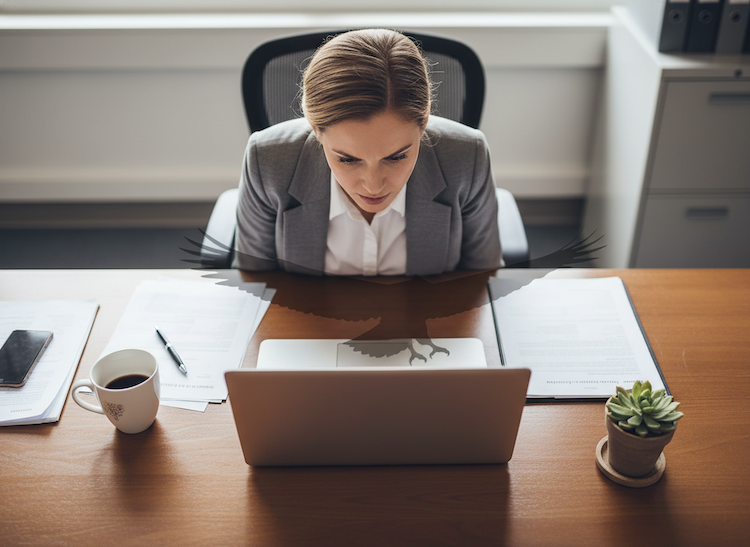 Woman sitting at desk looking at a computer screen