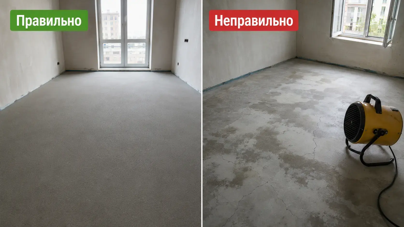 Правильная и неправильная сушка полусухой стяжки