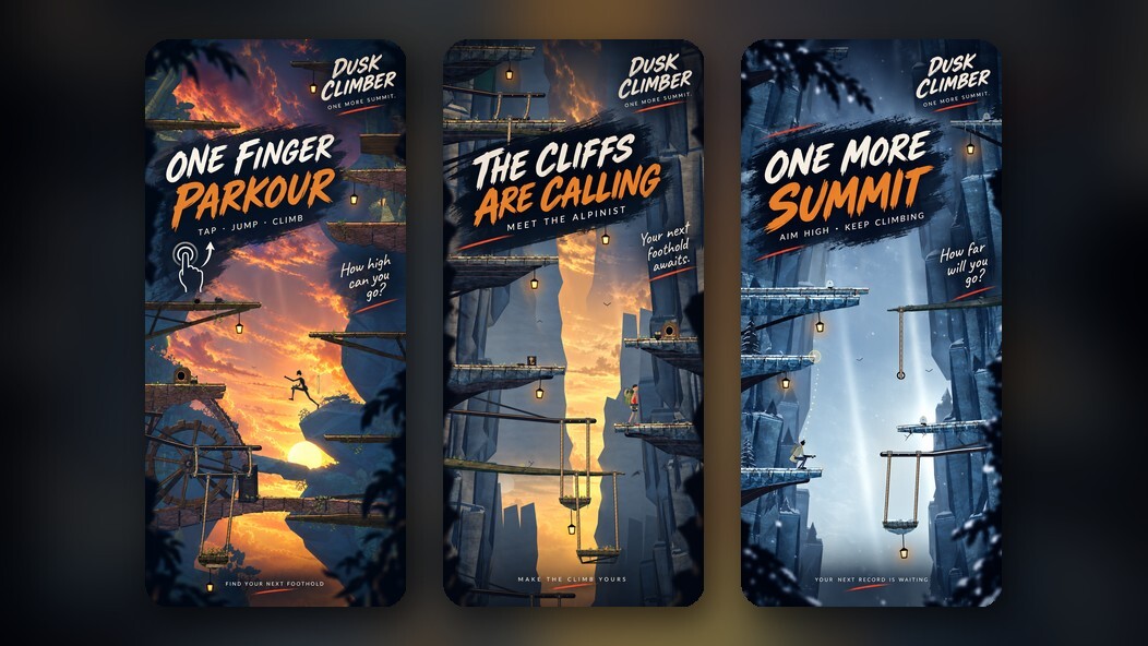 Dusk Climber, a physics climbing game for iPhone: three App Store screenshots