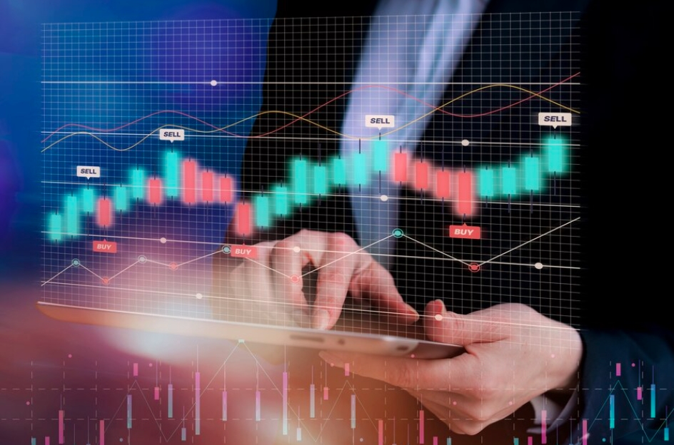 Margin trading Crypto: a person's hands using a tablet with a holographic projection of financial charts and trading indicators, including candlestick graphs, trend lines, and buy and sell labels