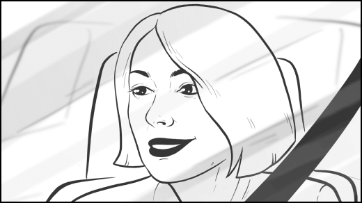 Boceto de storyboard en blanco y negro: una mujer al volante con una leve sonrisa, reflejos de luz en el parabrisas.