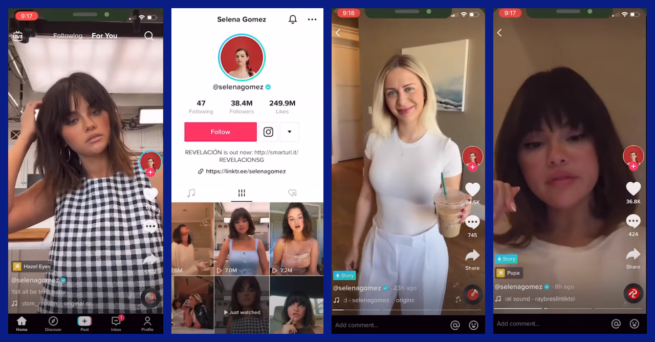 The 4 TikTok Screenshots: creator’s avatar circled with Blue showing that he or she published Stories that can be seen in For You Feed, and also be viewed by tapping on his or her avatar.