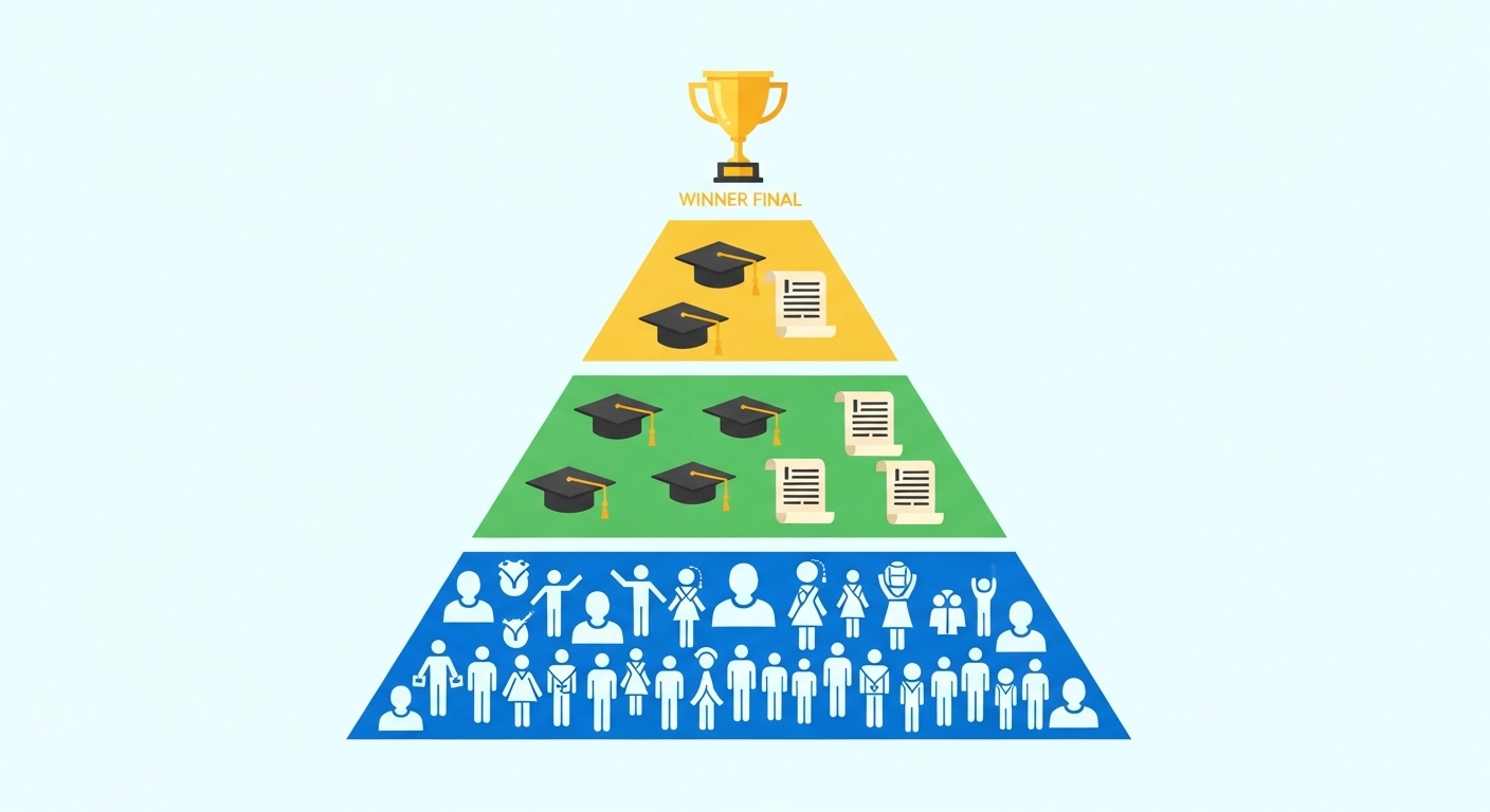 Инфографика пирамиды олимпиад по программированию: от массового школьного этапа в основании до элитарного финала Всероссийской олимпиады на вершине.