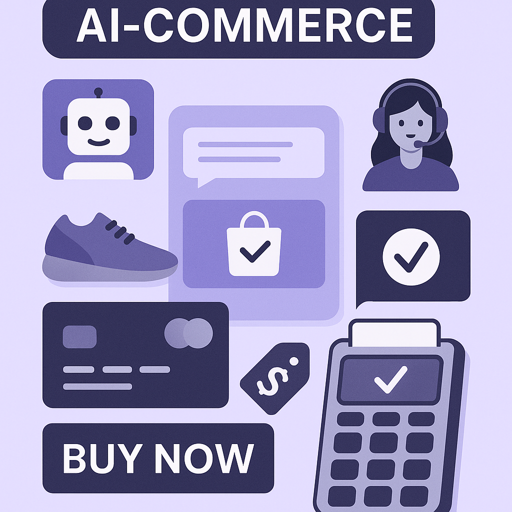 Illustration showing AI-driven e-commerce flow with chatbot, shopping cart, secure payment, and rising revenue graph, representing Wallid’s AI-commerce forecast.