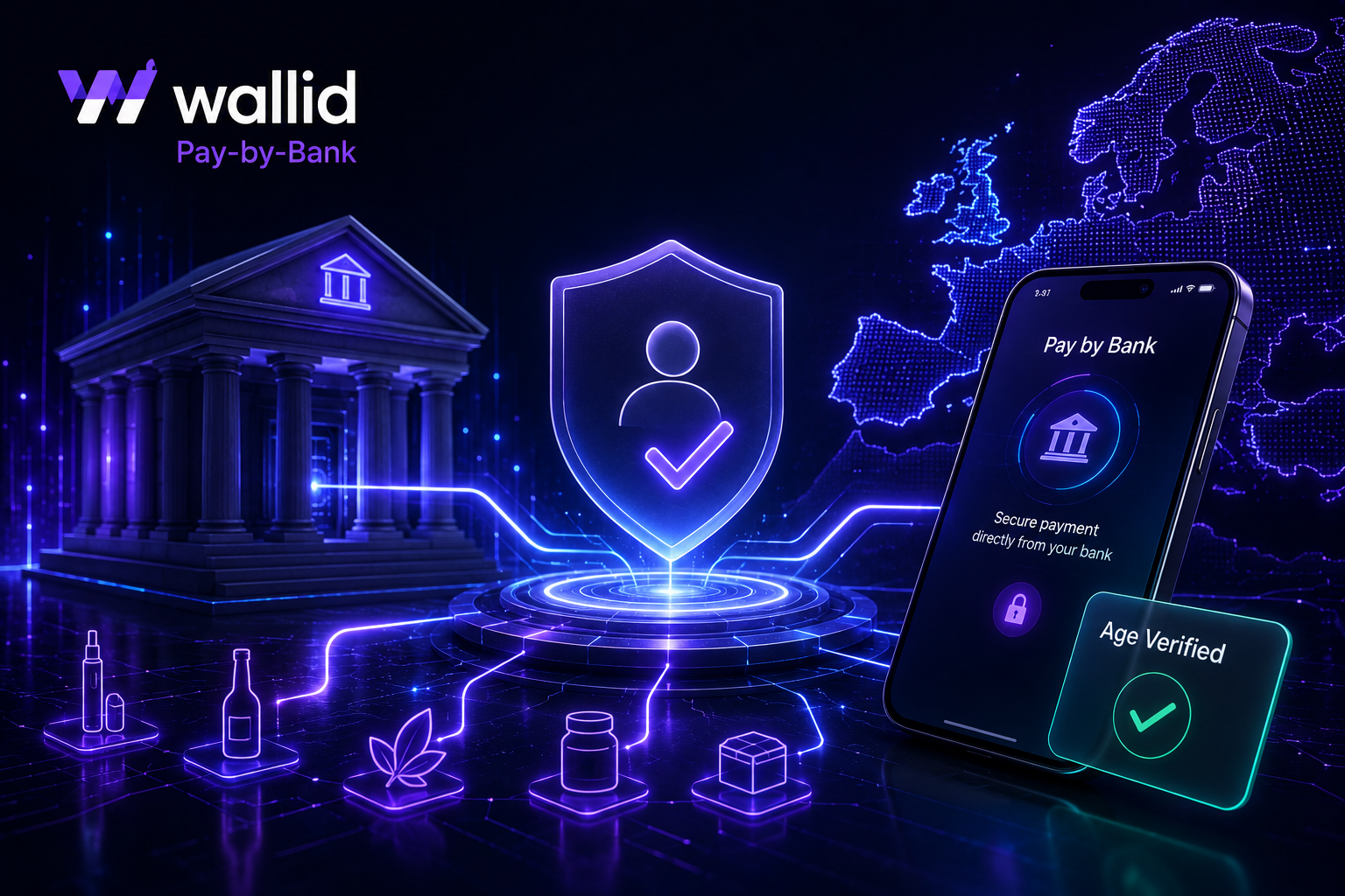 Futuristic illustration showing Pay by Bank age verification for regulated ecommerce, featuring secure bank authentication, verified identity checks, and compliance controls powered by Wallid.