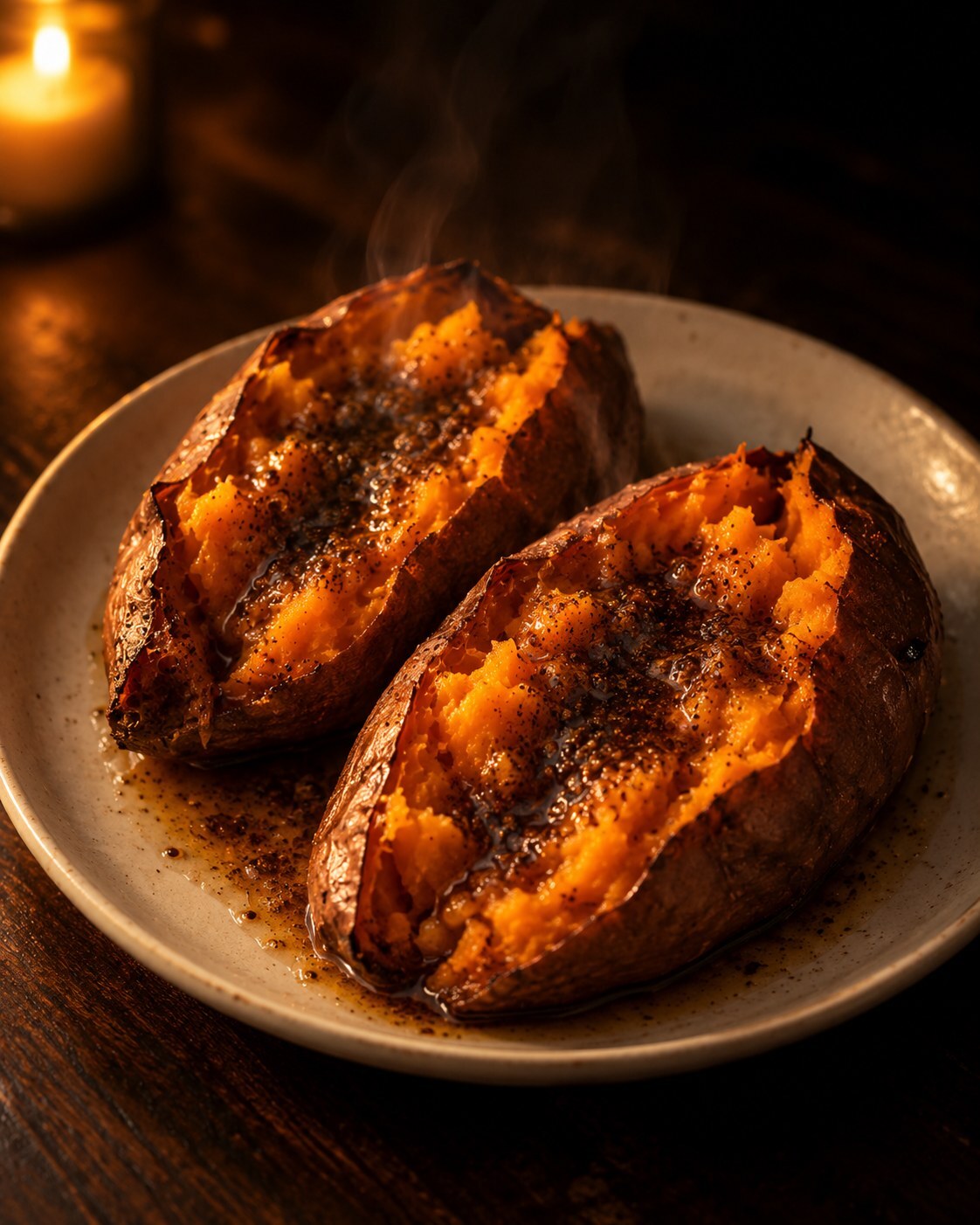 Two soy-glazed sweet potatoes on a white plate by candlelight, cooked by private chef Marina Staver