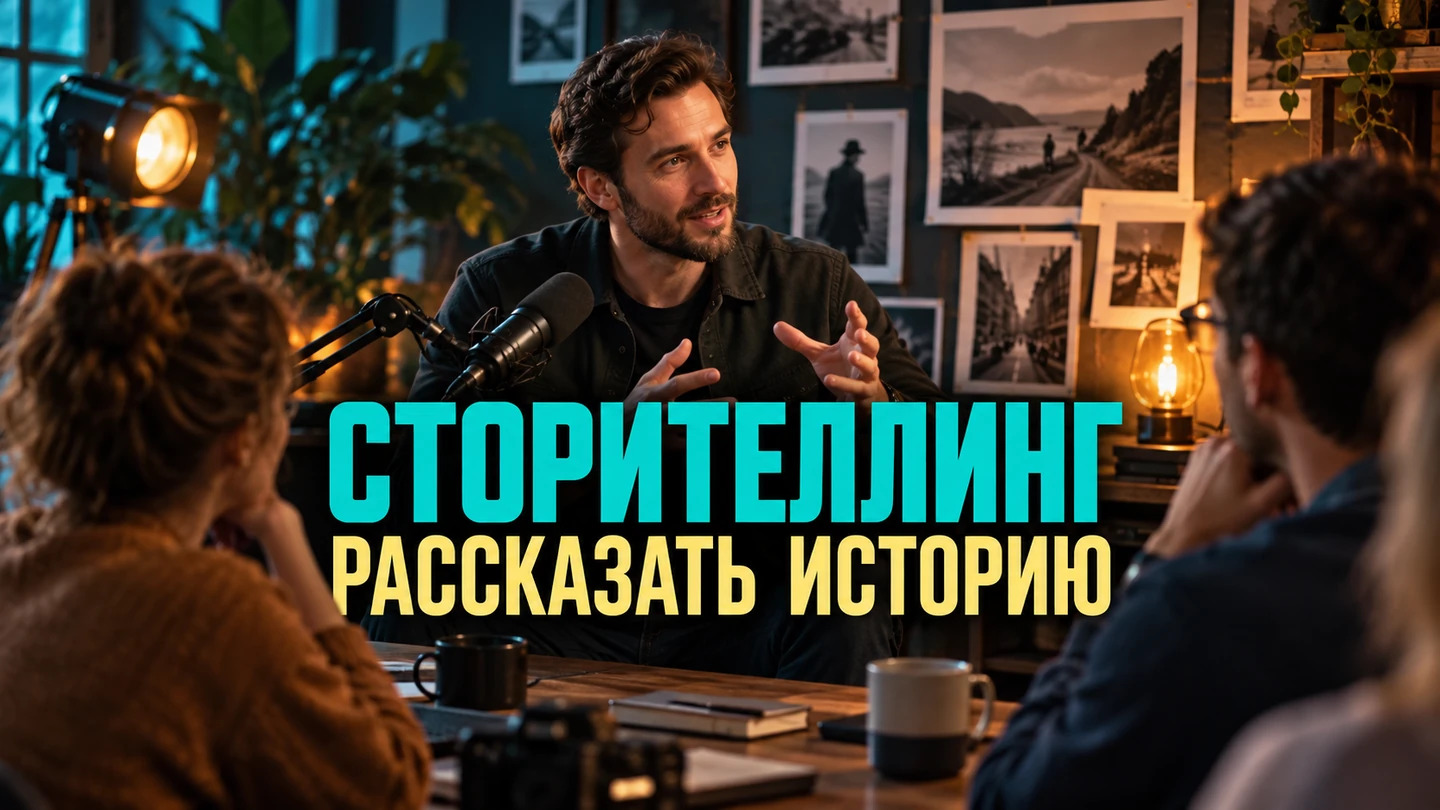 Обложка статьи «Сторителлинг: как рассказать историю, которая помогает понять вашу мысль»: Рассказчик обсуждает историю со слушателями рядом с фотографиями на стене. Заголовок «СТОРИТЕЛЛИНГ — РАССКАЗАТЬ ИСТОРИЮ» встроен в изображение.