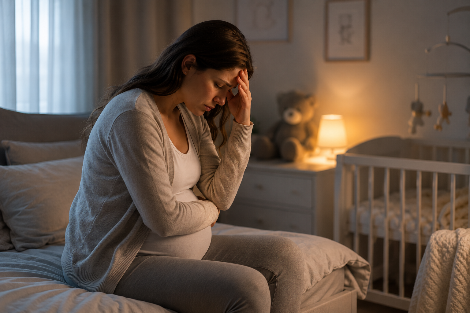 Pregnant girl sitting on the edge of the bed holding her head