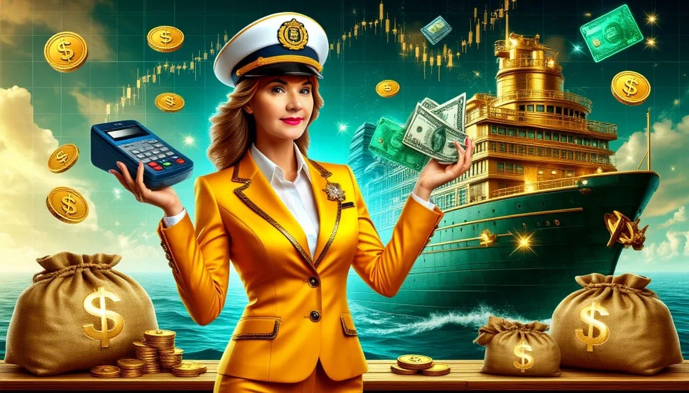 Девушка в форме капитана корабля. В оной руке держит купюры денег, в другой эквайринг. На заднем фоне корабль и мешки с деньгами.