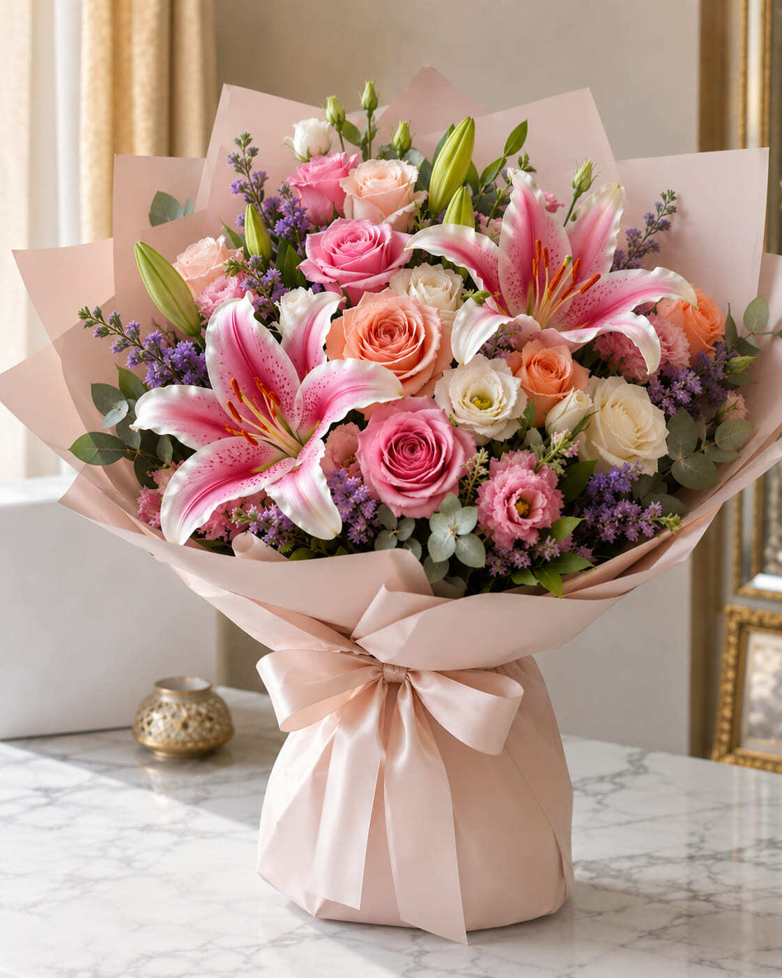 Luxury mixed birthday bouquet with roses and lilies for delivery in Morocco