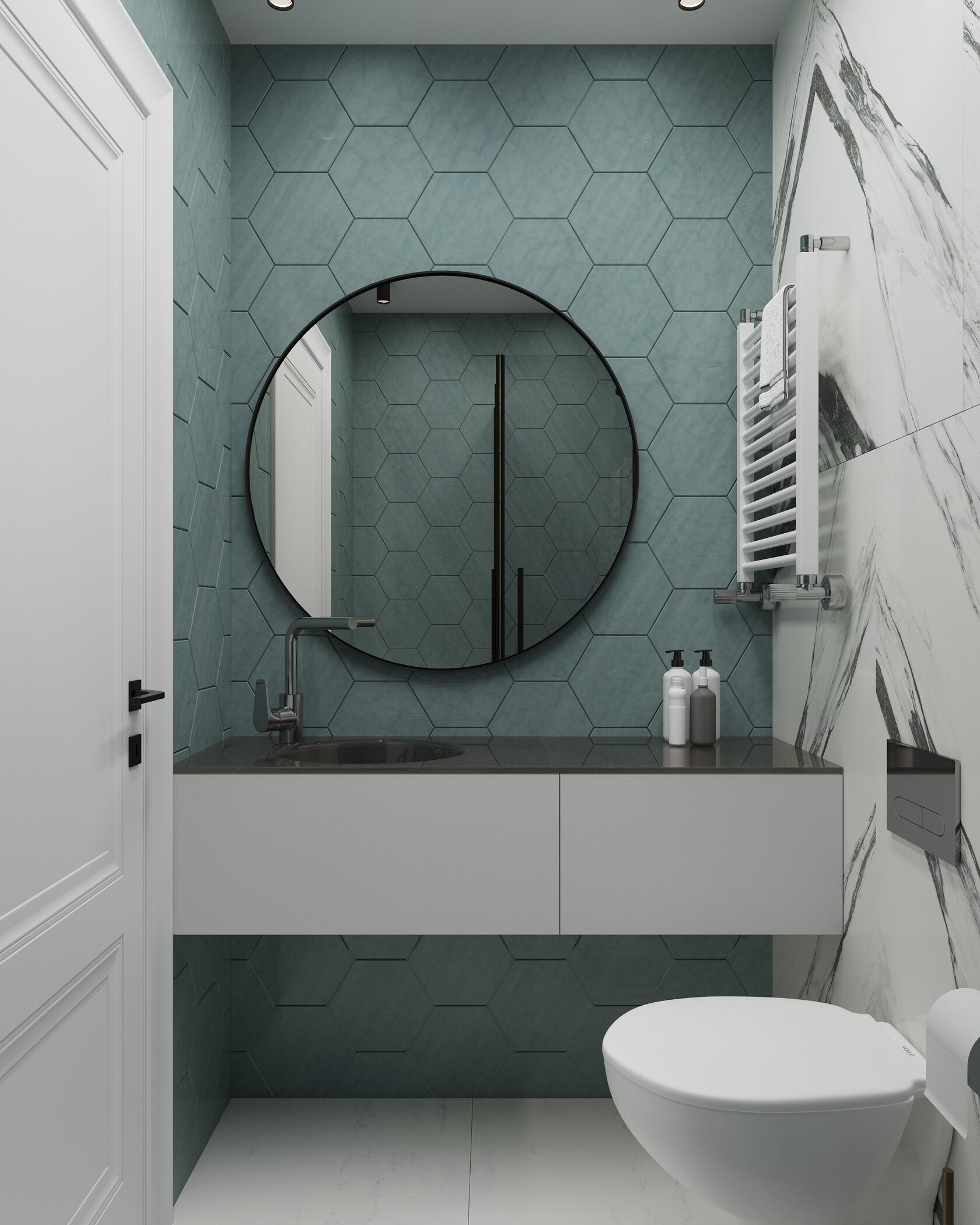 санузел в голубой плитке 