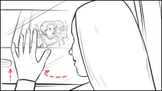 Concepto gráfico de escena: una chica se despide a través del cristal del coche, un niño preocupado la observa desde el auto vecino.