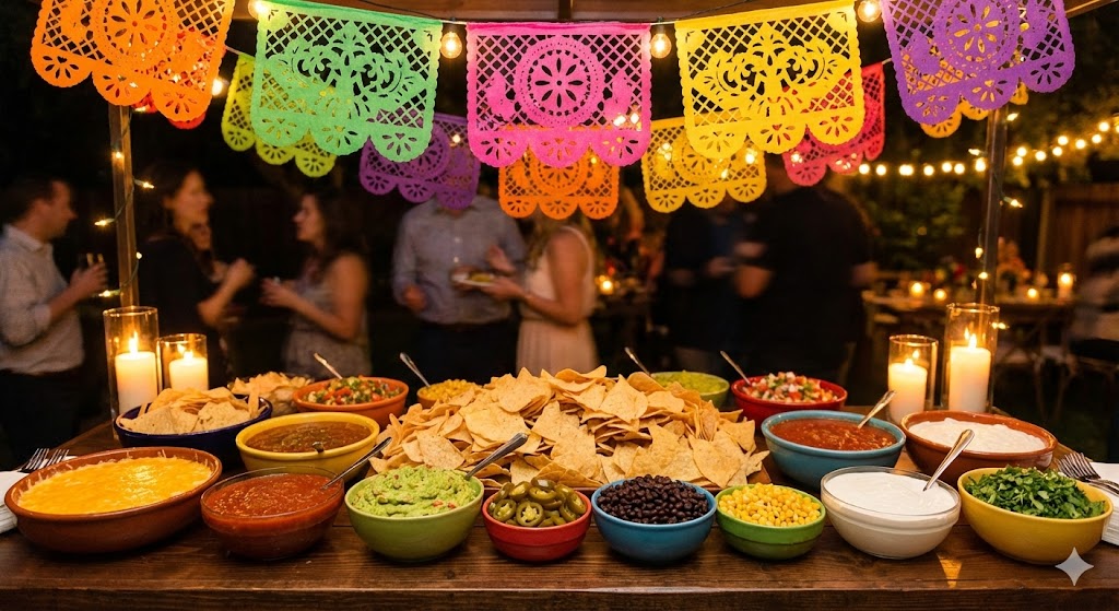 Оформление стола для начо-бара с мексиканскими гирляндами и ингредиентами.