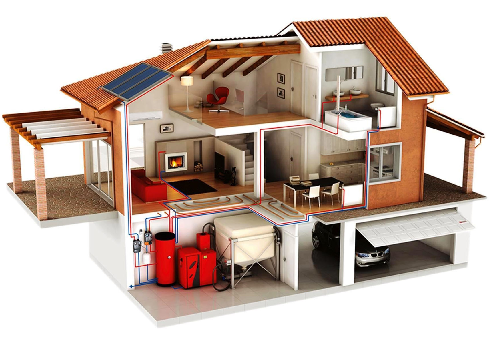 Проект дома с газовым отоплением. Отопление в частном доме. Система отопления. Дом в разрезе. Система отопления в доме.