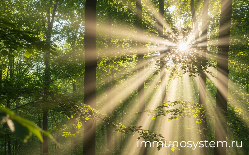Солнечные лучи в зелёном лесу — символ антиоксидантной защиты и восстановления клеток