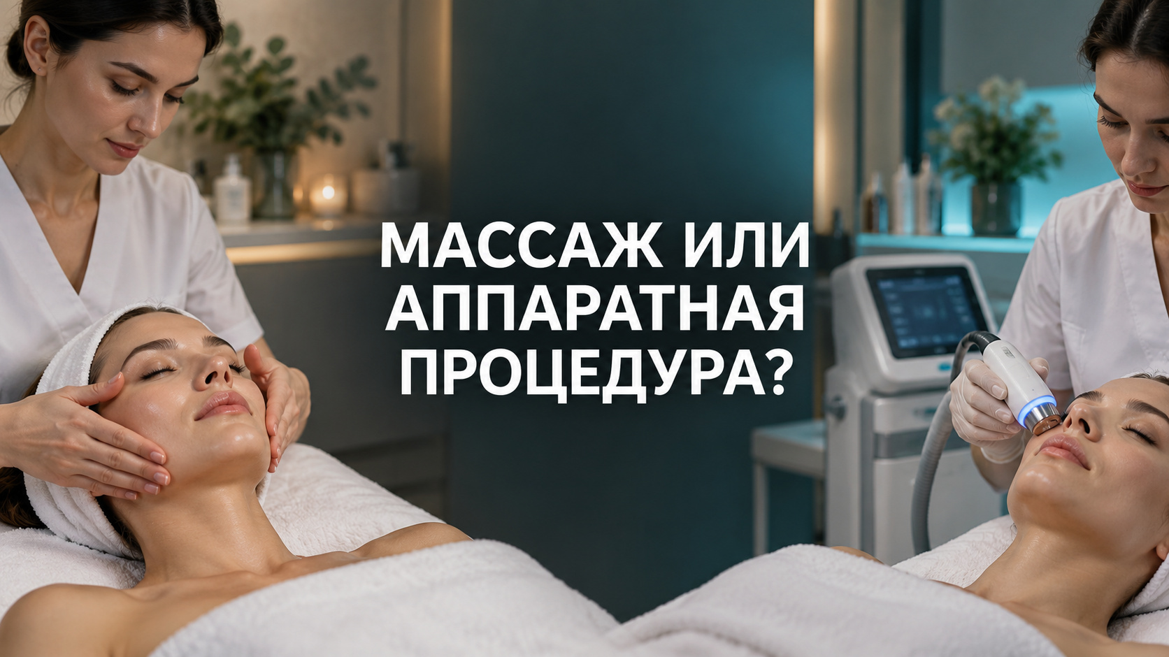 Сопоставлены ручной массаж лица и косметологический аппарат; по центру вопрос «Массаж или аппаратная процедура?»