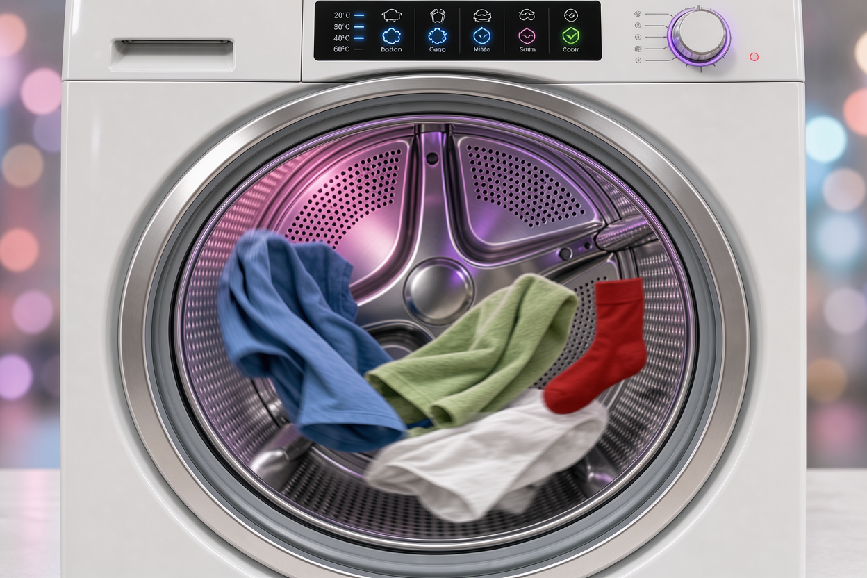 Interior view of a washing machine drum with clothing gently tumbling, showing temperature and cycle icons on the control panel