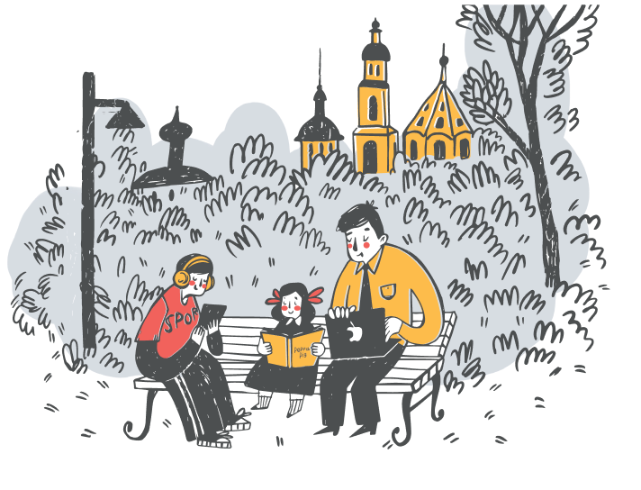 иллюстрация студия Let me speak, взрослый, подросток и ребенок сидят в Коломне на скамейке и изучают английский и китайский языки
