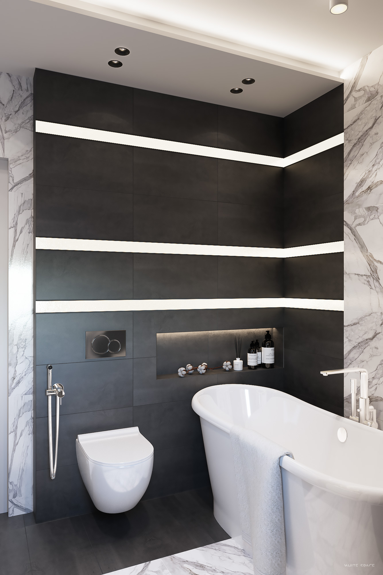 Salle de bain moderne avec mur foncé et éclairage LED intégré