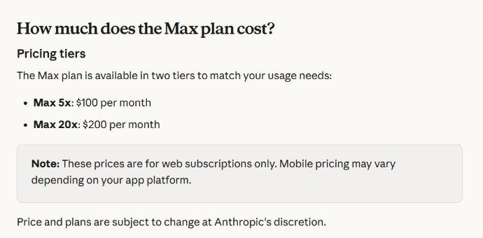 Скрин справки Anthropic о тарифе Max: Max 5x 100 долларов, Max 20x 200 долларов в месяц
