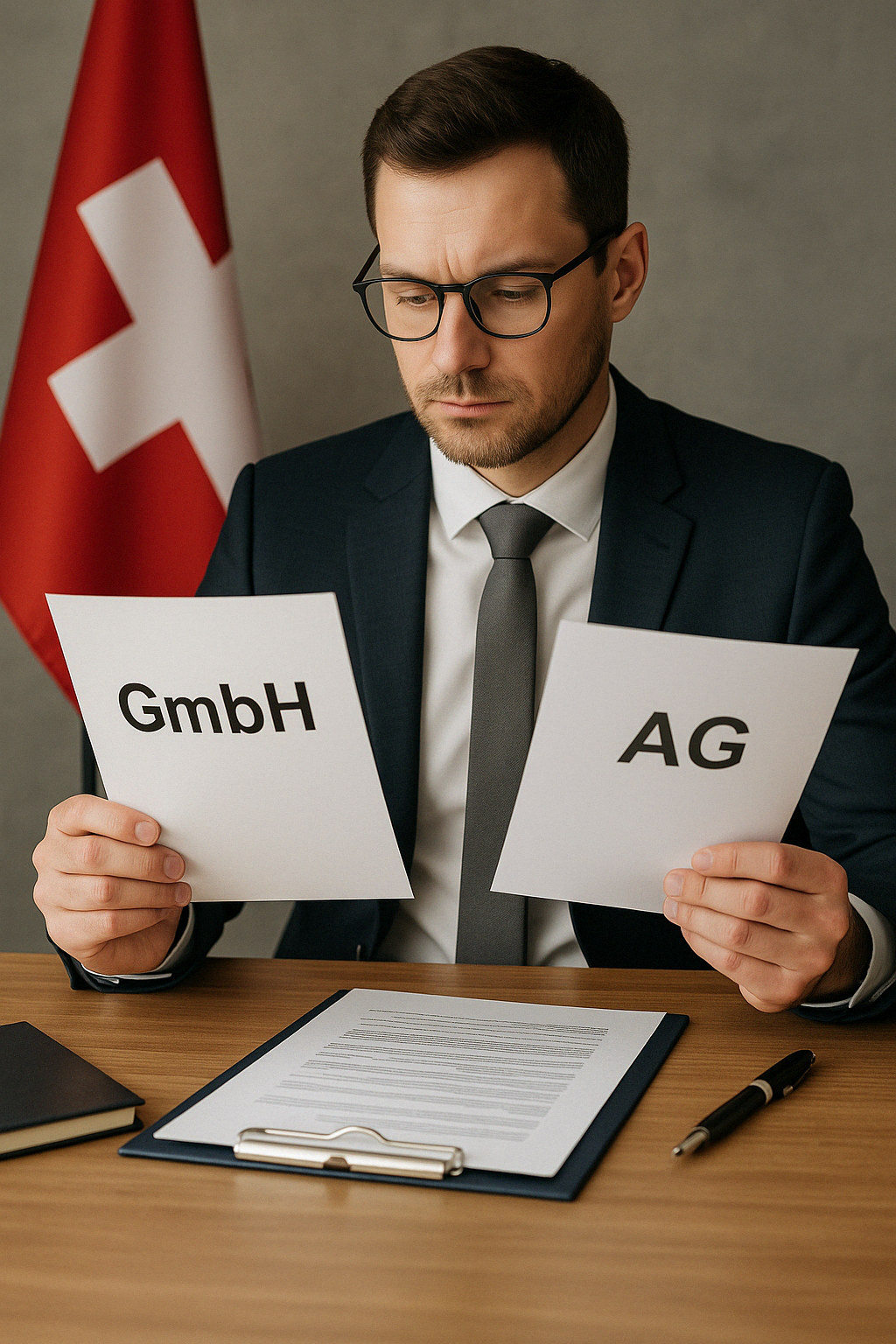Two entrepreneurs discussing the choice between GmbH and AG in a modern office in Switzerland