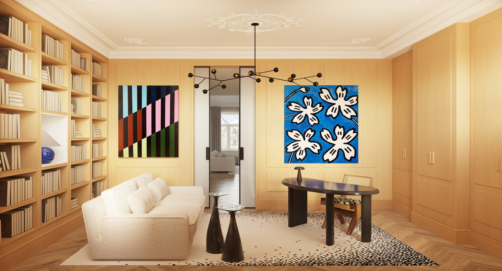 Светильник Pouenat, стол и стул Cassina, диван Meridiani, ковёр Atelier Fevrier в кабинете дизайн-проекта Екатерины Фёдоровой